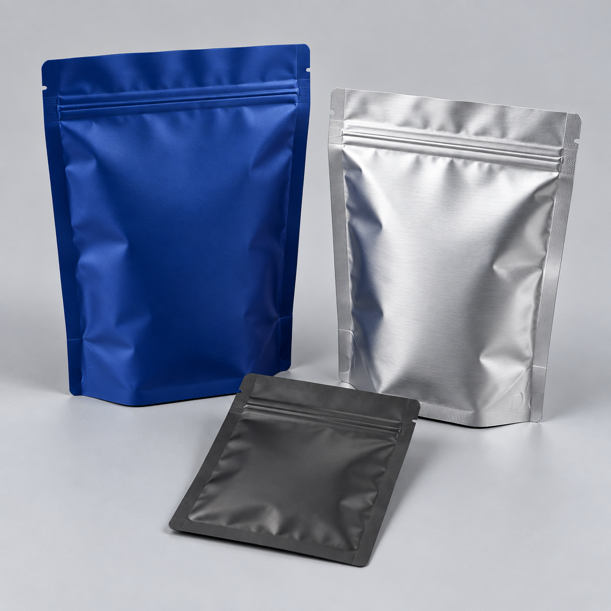 Original concept: cobalt, silver and charcoal Mylar pouches